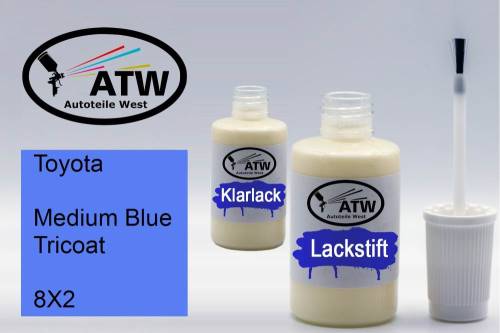 Toyota, Medium Blue Tricoat, 8X2: 20ml Lackstift + 20ml Klarlack - Set, von ATW Autoteile West.